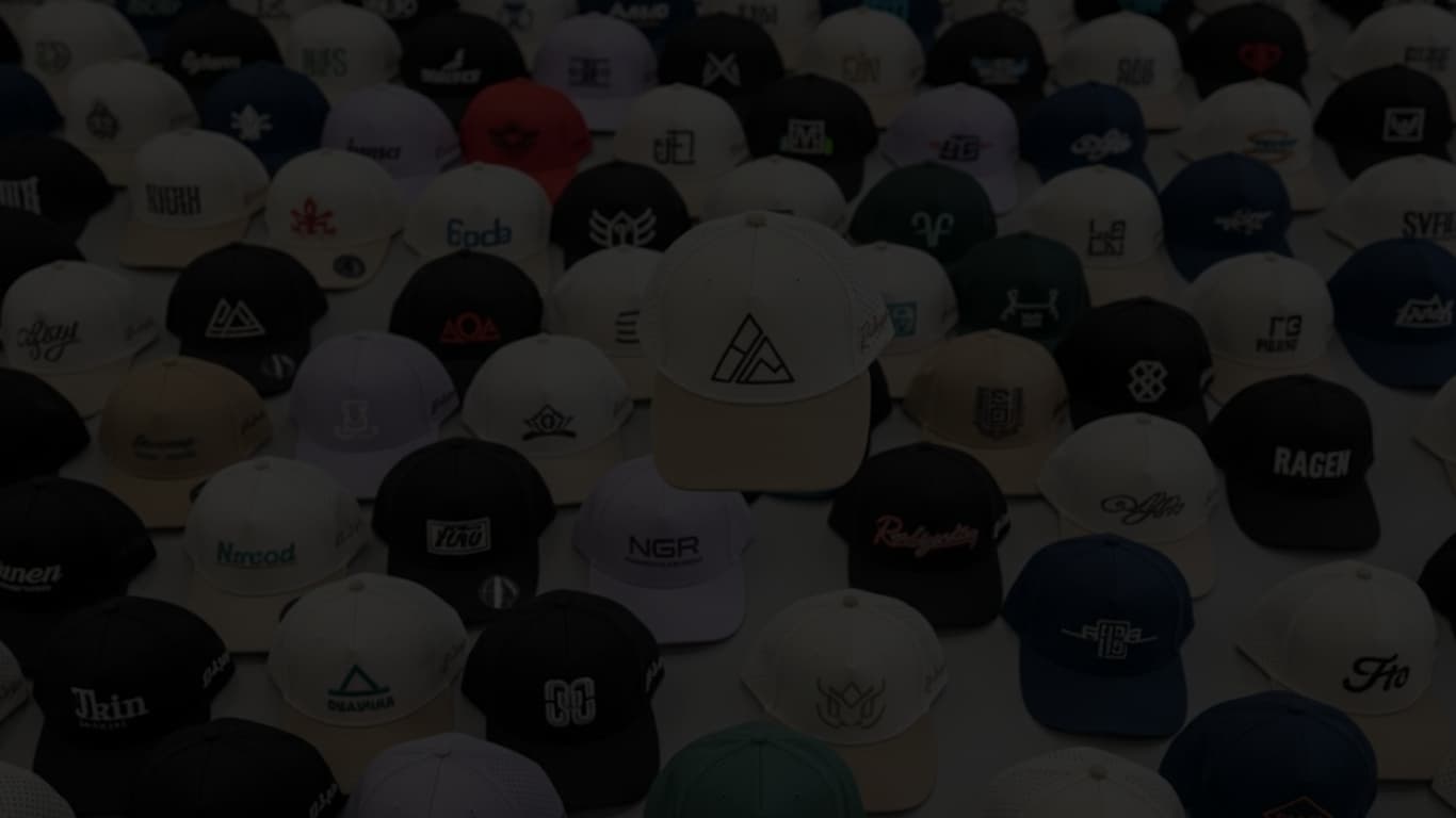 A wall of custom-branded caps