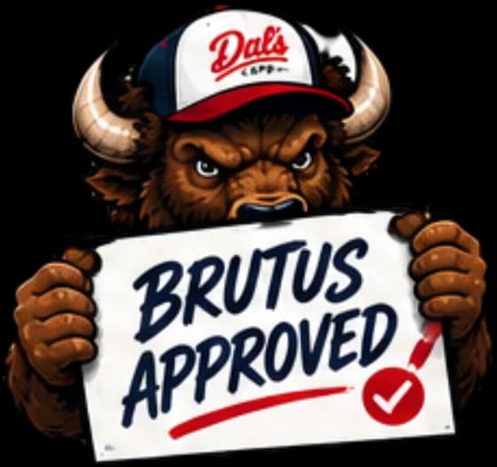 Brutus holding a Brutus Approved sign